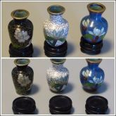 Conjunto com três mini vasos com acabamento artístico em cloisonne belíssimo com as bases.